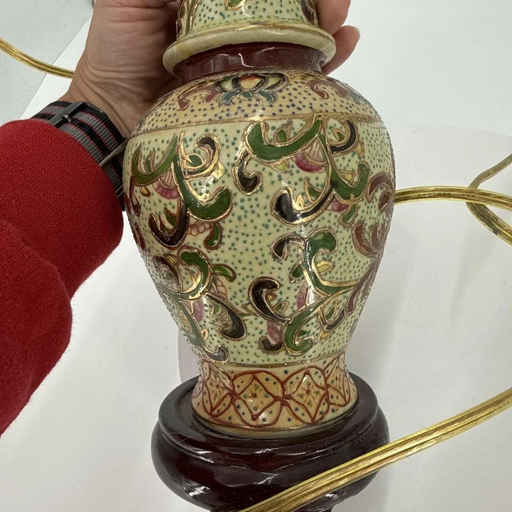 Vtg Asian Satuma Style Ginger Jar‎ Lamp Hand Painted Floral Chinoiserie Enamel